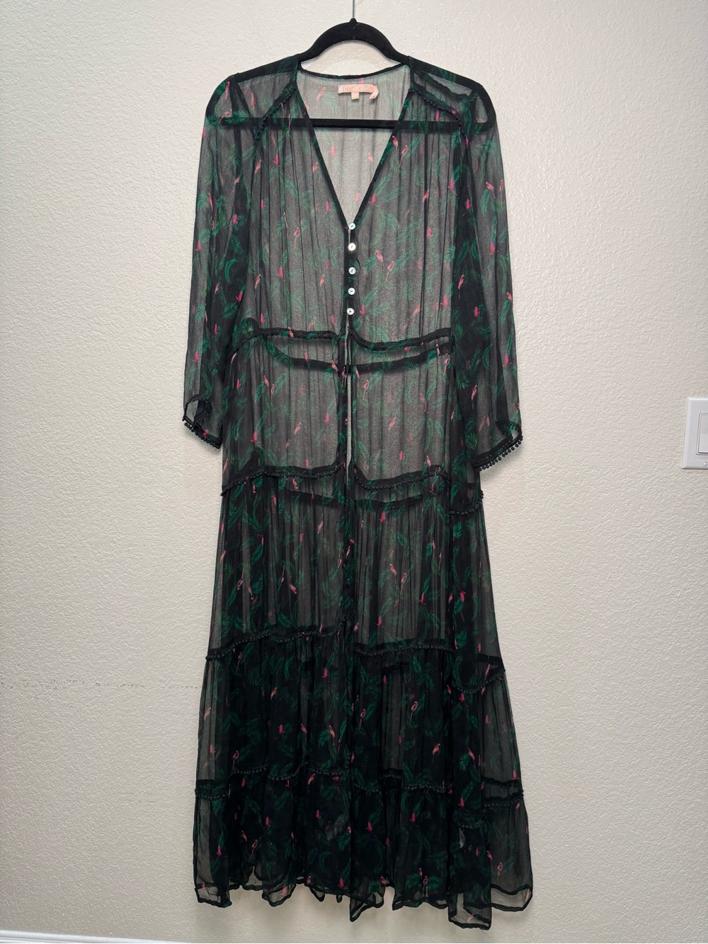 NFC x Free People Duster One Size Black Bird Print Sheer Maxi Kimono Boho Beach